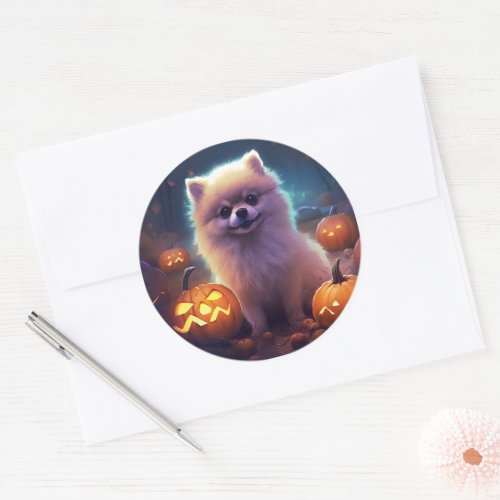 Halloween Pomeranian With Pumpkins Scary  Classic Round Sticker