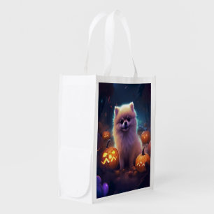 Halloween Pomeranian With Pumpkins Scary Grocery Bag