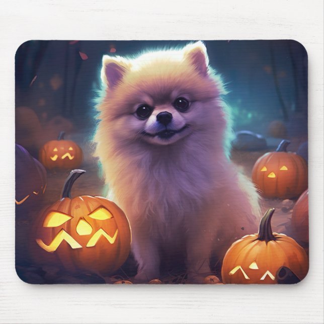 Halloween Pomeranian With Pumpkins Scary  Mouse Pad (Front)