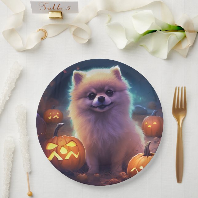 Halloween Pomeranian With Pumpkins Scary  Paper Plates (Wedding)