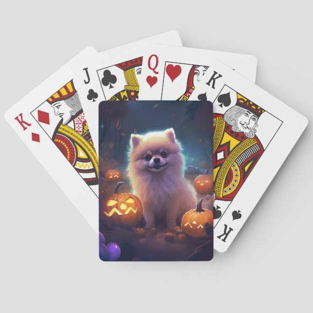 Halloween Pomeranian With Pumpkins Scary  Poker Cards (Back)
