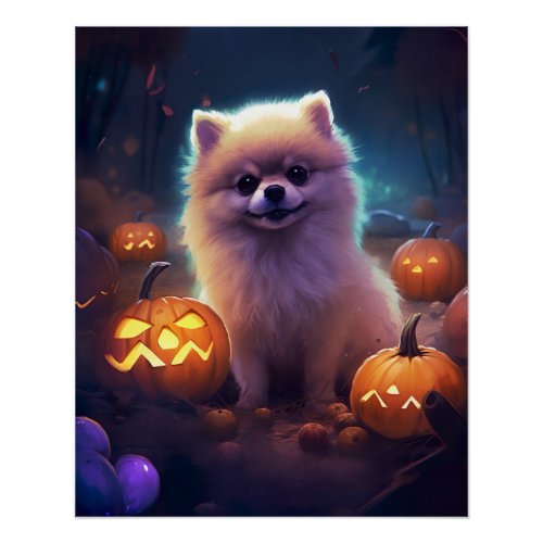 Halloween Pomeranian With Pumpkins Scary  Poster