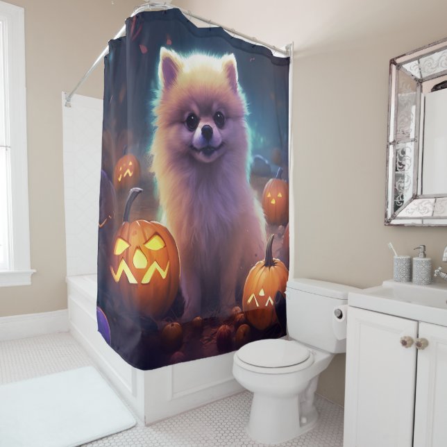 Halloween Pomeranian With Pumpkins Scary  Shower Curtain (In Situ)