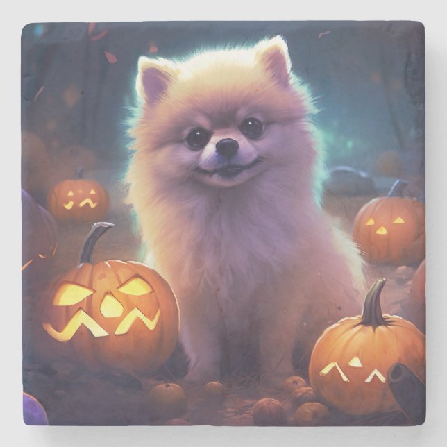 Halloween Pomeranian With Pumpkins Scary  Stone Coaster (Front)