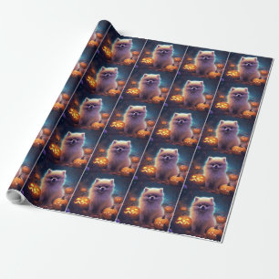 Halloween Pomeranian With Pumpkins Scary Wrapping Paper