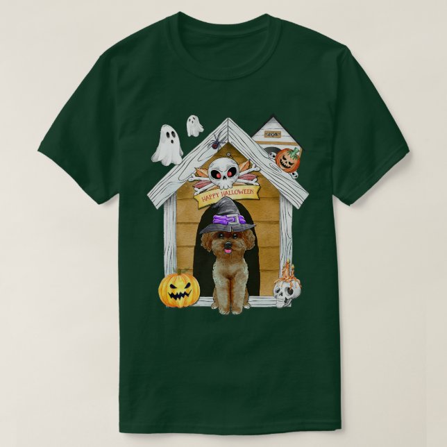 Halloween Poodle Dog Witch Haunted House  T-Shirt (Design Front)
