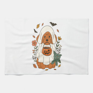 Halloween Poodle with Fall Flowers Kitchen Towel