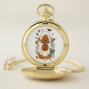 Halloween Poodle with Fall Flowers Pocket Watch
