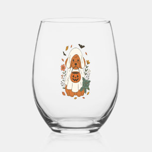 Halloween Poodle with Fall Flowers Stemless Wine Glass