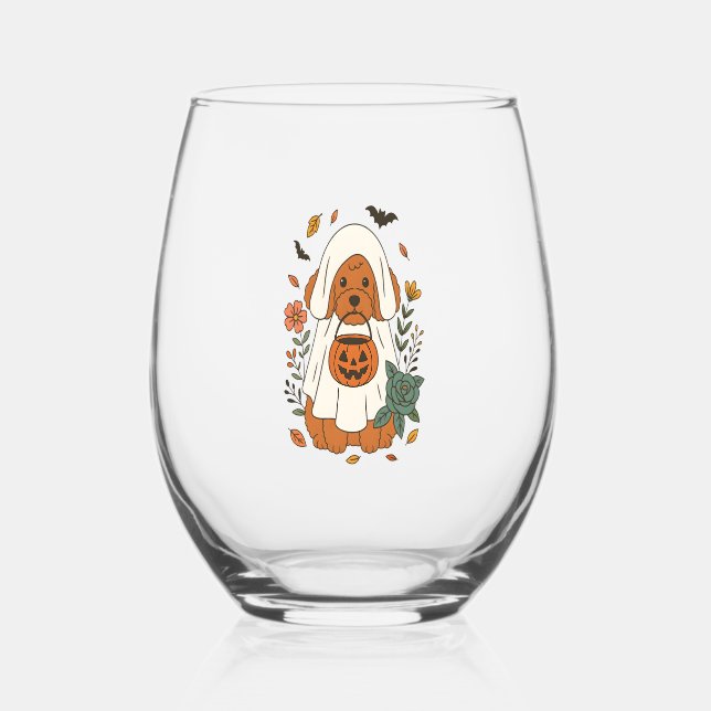 Halloween Poodle with Fall Flowers Stemless Wine Glass (Front)