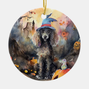 Halloween Poodle With Pumpkins Scary Ceramic Ornament