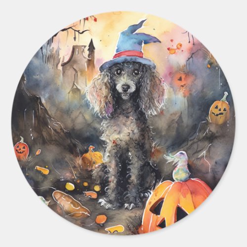  Halloween Poodle With Pumpkins Scary Classic Round Sticker