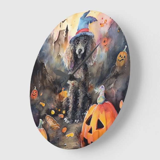  Halloween Poodle With Pumpkins Scary Large Clock (Angle)