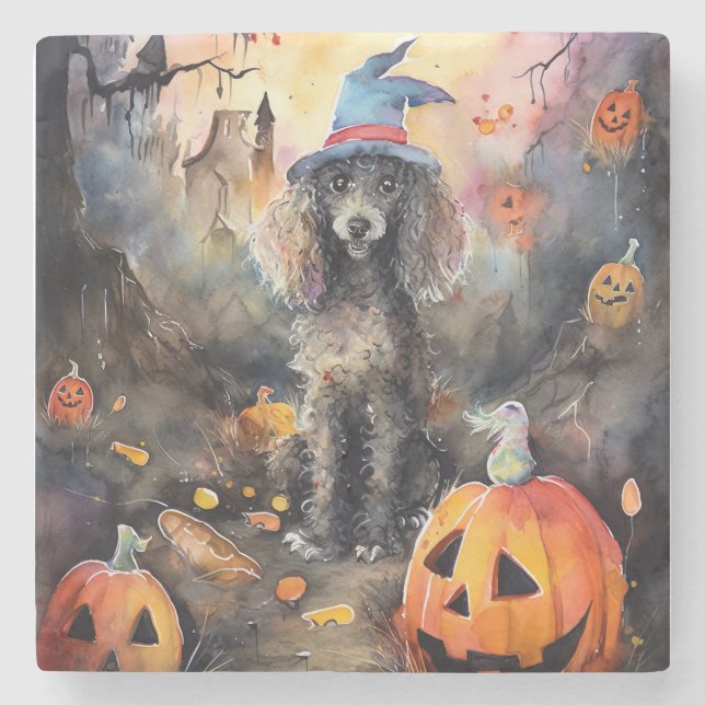  Halloween Poodle With Pumpkins Scary Stone Coaster (Front)