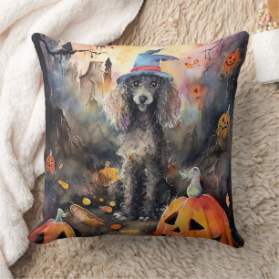 Halloween Poodle With Pumpkins Scary Throw Pillow