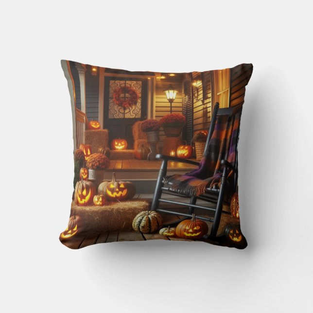 Halloween Porch & Black Rocker Throw Pillow (Front)