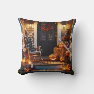 Halloween Porch & Jack-O-Lanterns  Throw Pillow