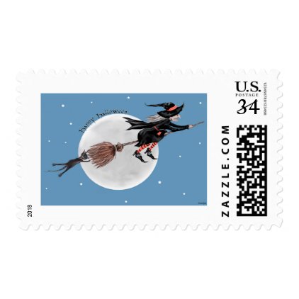 Halloween Postage Stamp-Witch and her black cat
