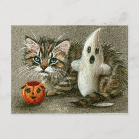 Halloween Postcard Cat Kitten Ghost Pumpkin Art