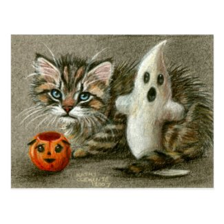 Halloween Postcard Cat Kitten Ghost Pumpkin Art