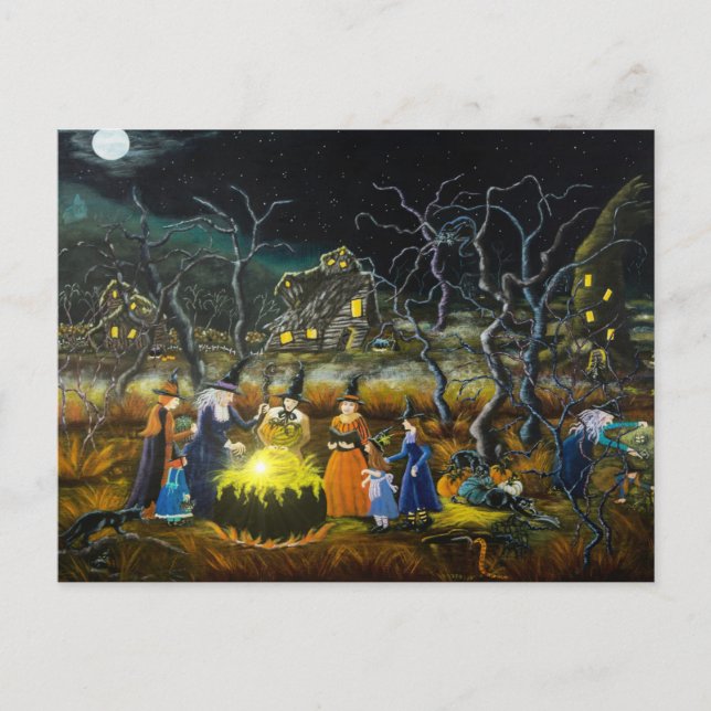 Halloween postcard, witches around cauldron postcard (Front)