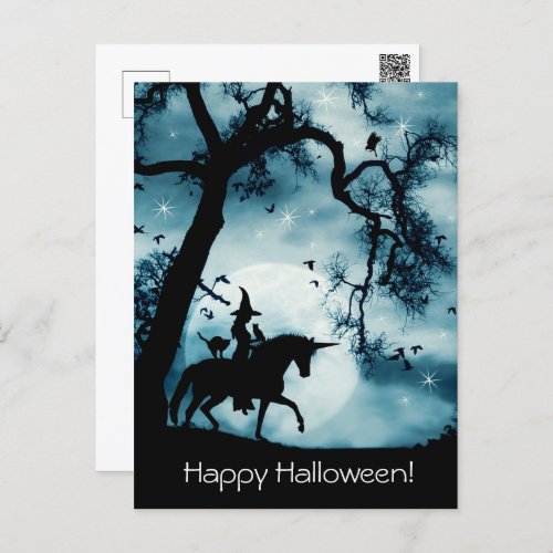 Halloween Postcard with Witch Unicorn Familiars