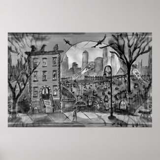 Halloween Poster - Haunted Building and Cemetery