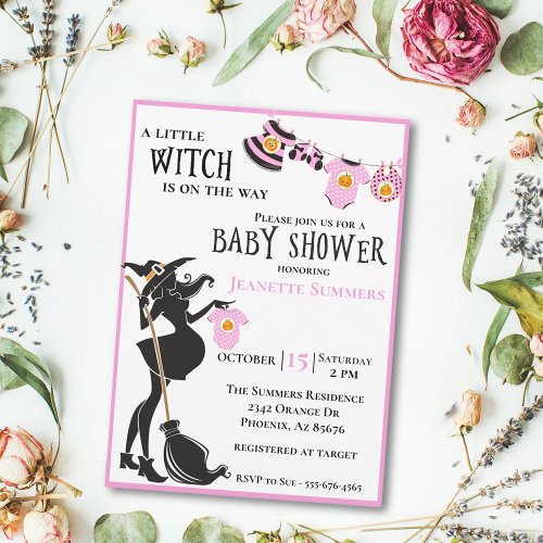 Halloween Pregnant Witch Pink Girl Baby  Invitation