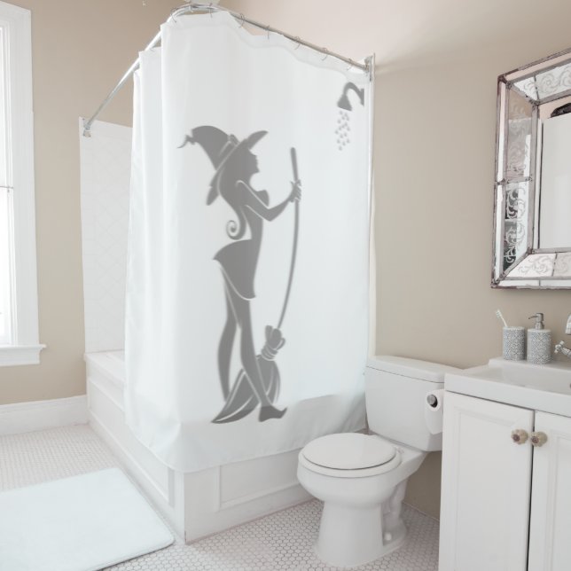 Halloween Pretty Witch Broom In Shower Silhouette Shower Curtain (In Situ)