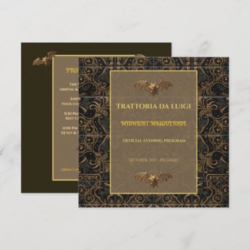 Halloween Program Card Gothic Gold Black Bat Event