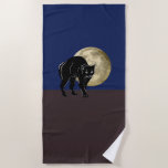 Halloween Prowling Black Cat On A Full Moon Night Beach Towel<br><div class="desc">Beach Style Large Towel printed with a Halloween Prowling Black Cat On A Full Moon Night hand drawn graphic artwork drawing design illustration by TheFabricSeal print on demand shop at Zazzle.com #ZazzleMade ©️Original. https://www.zazzle.com/store/thefabricseal This Halloween classic looking vintage yet modern contemporary style art piece features a creamy golden yellow full...</div>
