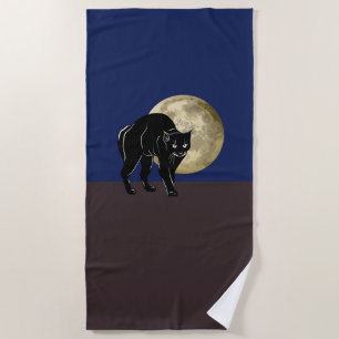 Halloween Prowling Black Cat On A Full Moon Night Beach Towel