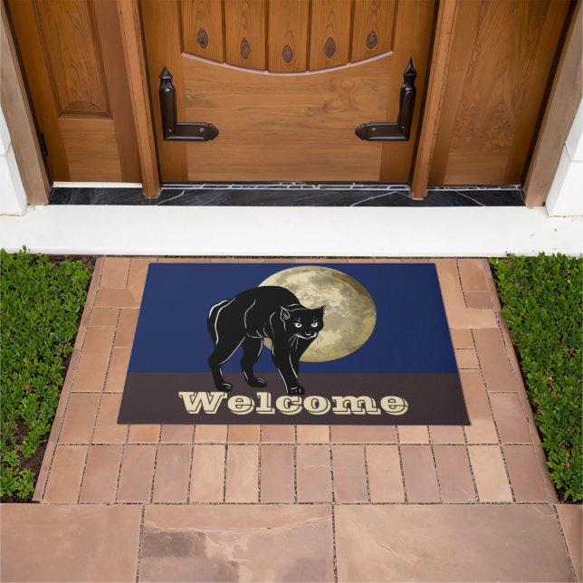 Halloween Prowling Black Cat On A Full Moon Night Doormat (Outdoor)
