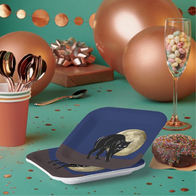 Halloween Prowling Black Cat On A Full Moon Night Paper Plates (Multi)