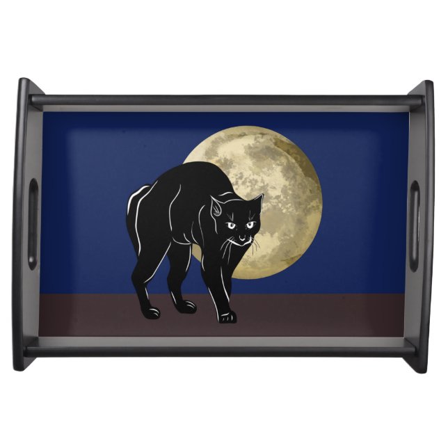 Halloween Prowling Black Cat On A Full Moon Night Serving Tray (Front)