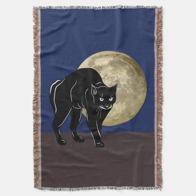 Halloween Prowling Black Cat On A Full Moon Night Throw Blanket (Front Vertical)