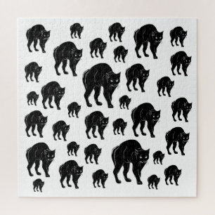 Halloween Prowling Black Cat Silhouette Drawing Jigsaw Puzzle