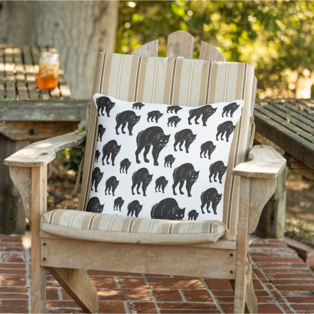 Halloween Prowling Black Cat Silhouette Drawing Outdoor Pillow (Chair)