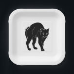 Halloween Prowling Black Cat Silhouette Drawing Paper Plates<br><div class="desc">Square Paper Plates printed with a Halloween Prowling Black Cat Silhouette Drawing hand drawn graphic artwork drawing design illustration by TheFabricSeal print on demand shop at Zazzle.com #ZazzleMade ©️Original. https://www.zazzle.com/store/thefabricseal This Halloween classic looking vintage yet modern contemporary simple minimalist style art piece features a spooky black cat with white highlight...</div>