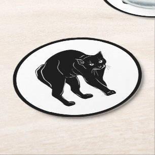 Halloween Prowling Black Cat Silhouette Drawing Round Paper Coaster