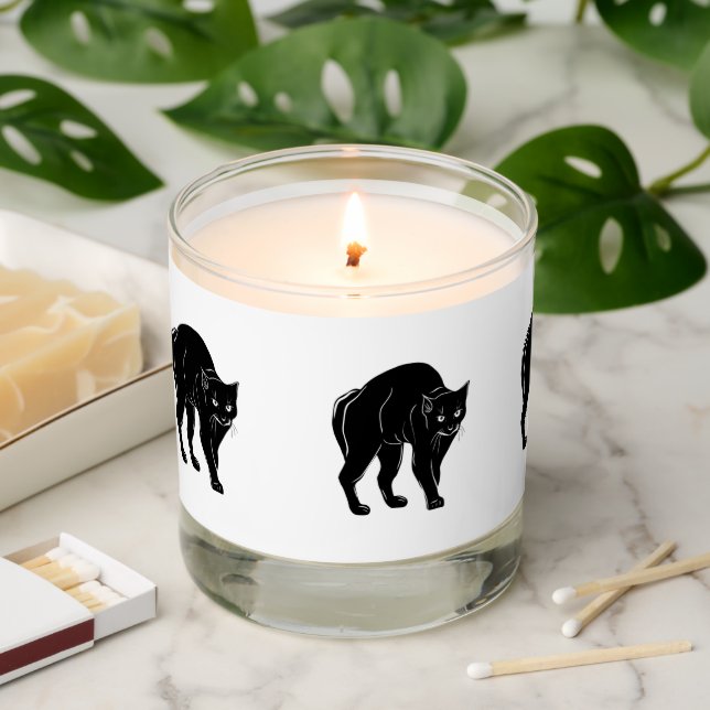 Halloween Prowling Black Cat Silhouette Drawing Scented Candle (Lit)