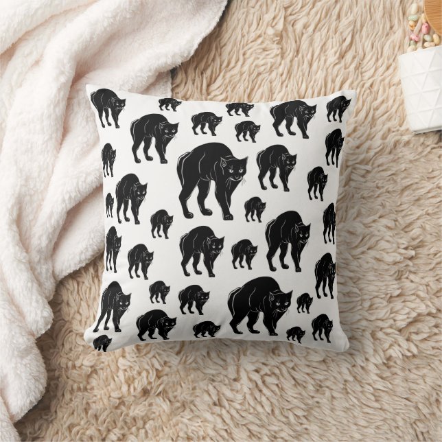 Halloween Prowling Black Cat Silhouette Drawing Throw Pillow (Blanket)