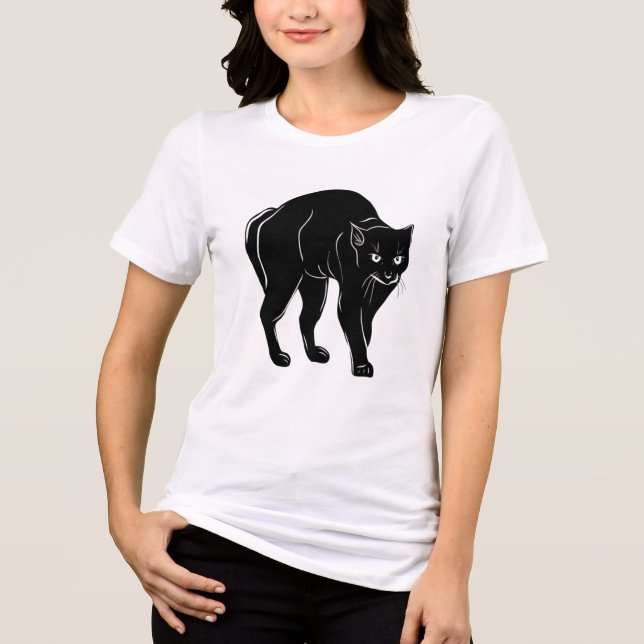 Halloween Prowling Black Cat Silhouette Drawing Tri-Blend Shirt (Front)