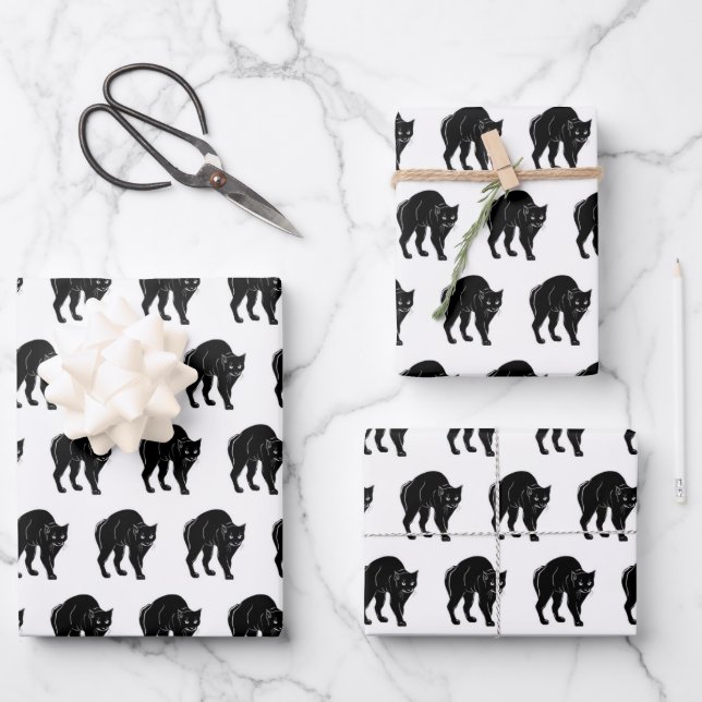 Halloween Prowling Black Cat Silhouette Drawing Wrapping Paper Sheets (Front)