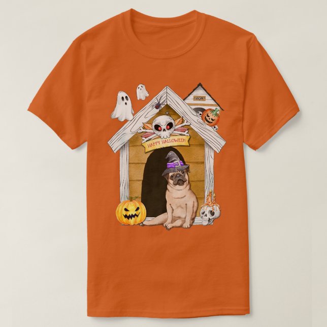 Halloween Pug Dog Witch Haunted House  T-Shirt (Design Front)