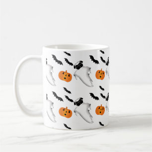 Halloween Pug Ghost Cute Pumpkin and Bats Pattern Coffee Mug