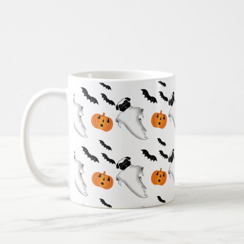 Halloween Pug Ghost Cute Pumpkin and Bats Pattern Coffee Mug