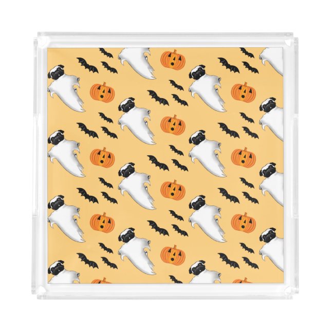 Halloween Pug Ghost Cute Pumpkin Bats Yellow  Acrylic Tray (Front)