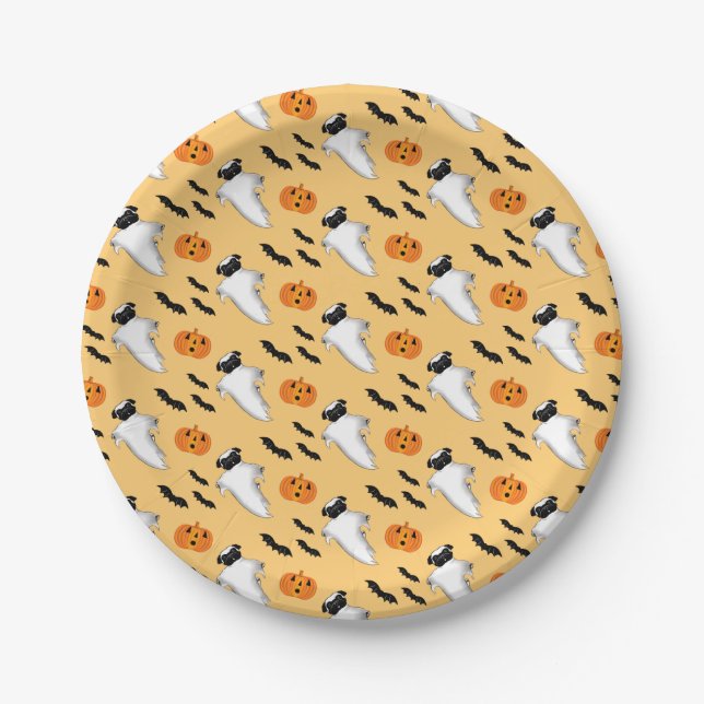 Halloween Pug Ghost Cute Pumpkin Bats Yellow Paper Plates (Front)