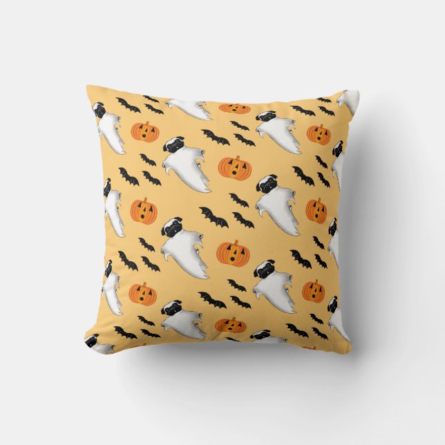 Halloween Pug Ghost Cute Pumpkin Bats Yellow  Throw Pillow (Front)